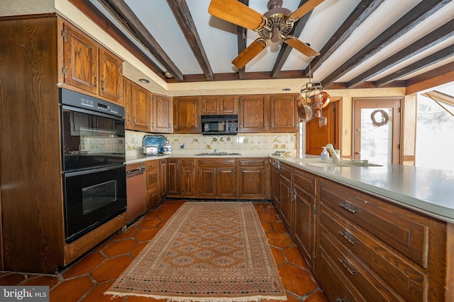 kitchen with kitchen peninsula, beamed ceiling, ceiling fan, decorative backsplash, and black appliances