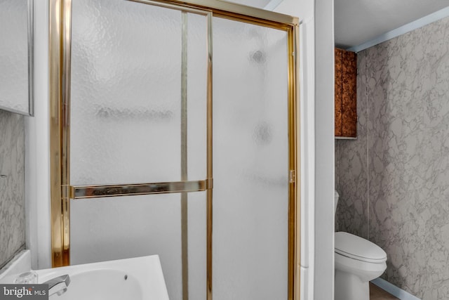 bathroom featuring an enclosed shower, sink, and toilet