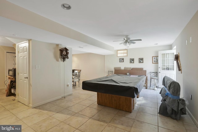 rec room featuring ceiling fan, billiards, and light tile patterned floors