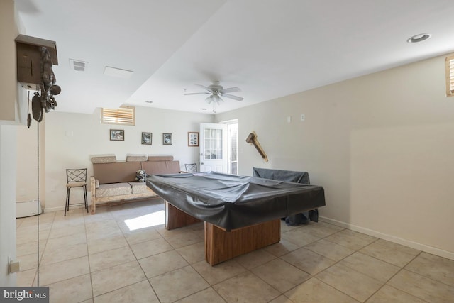 playroom with light tile patterned floors, pool table, and ceiling fan