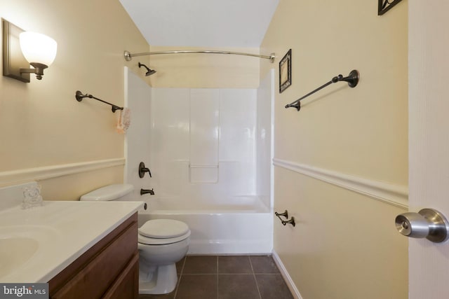 full bathroom featuring vanity, shower / tub combination, tile patterned floors, and toilet