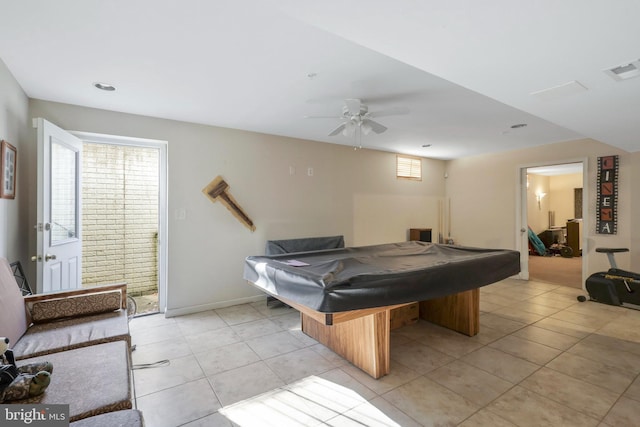 game room featuring ceiling fan, pool table, and light tile patterned floors