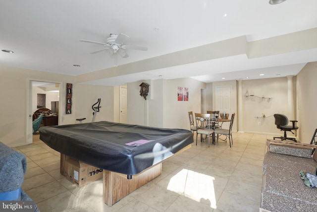 rec room featuring light tile patterned floors, pool table, and ceiling fan