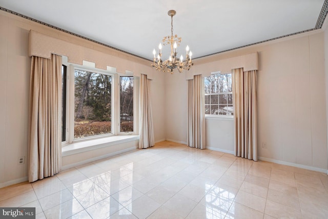 unfurnished dining area with an inviting chandelier and light tile patterned flooring