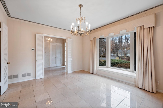 interior space featuring ornamental molding, light tile patterned floors, and a notable chandelier