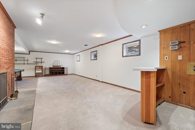 interior space with crown molding and carpet floors