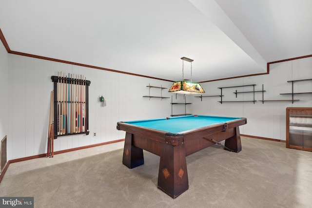 playroom with pool table, ornamental molding, and light carpet