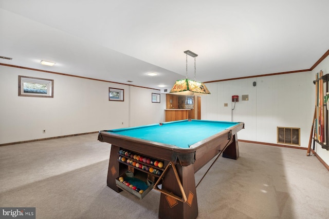 game room featuring light colored carpet, ornamental molding, and billiards