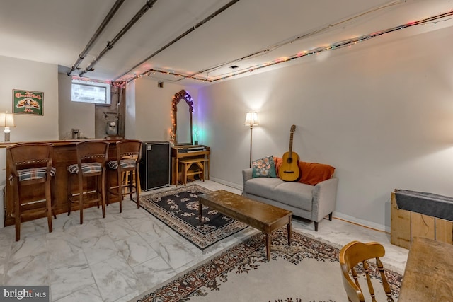 living room with indoor bar