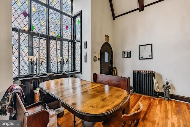 dining area with radiator, a towering ceiling, and hardwood / wood-style floors