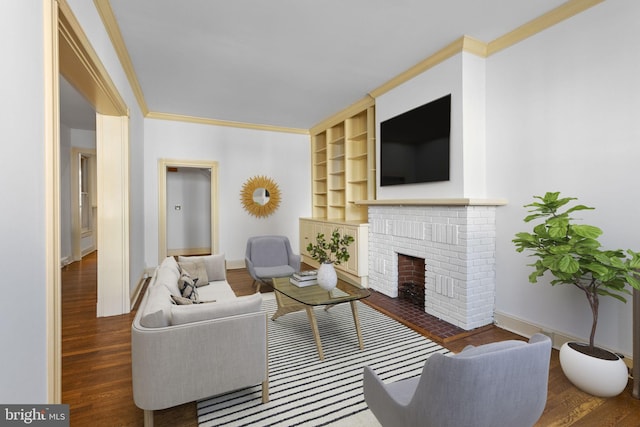 living room with crown molding, dark hardwood / wood-style floors, and a brick fireplace