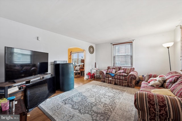 living room with light hardwood / wood-style flooring