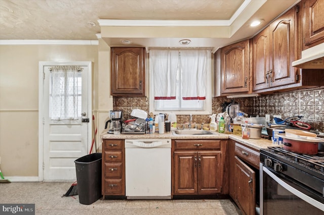 kitchen with range with gas stovetop, dishwasher, sink, backsplash, and ornamental molding