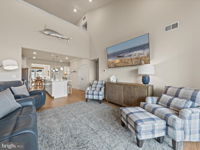 living room featuring high vaulted ceiling and light wood-type flooring