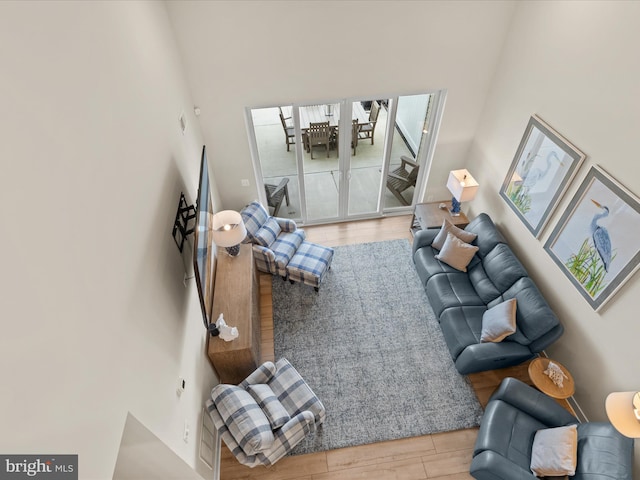 living room featuring light hardwood / wood-style flooring and a high ceiling
