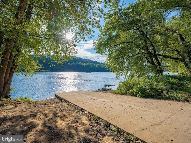 view of property's community with a water view and a view of trees