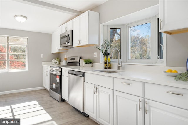 kitchen featuring stainless steel appliances, sink, light hardwood / wood-style flooring, and white cabinets