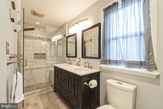 bathroom featuring vanity, toilet, and walk in shower