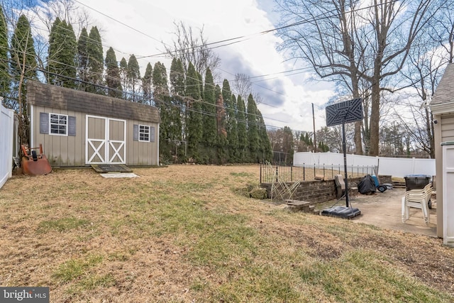 view of yard featuring a patio area and a storage unit