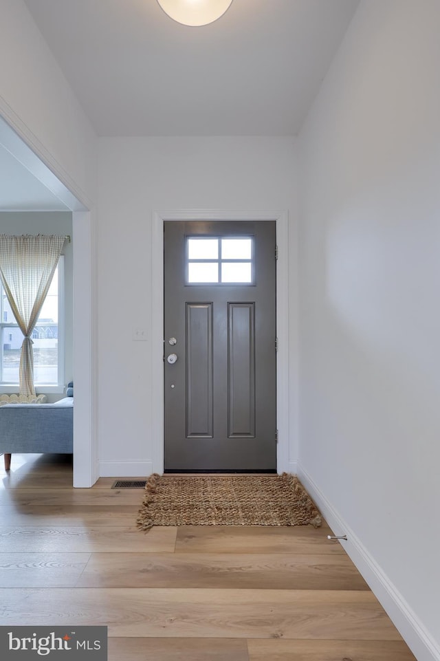 entryway with a wealth of natural light, light wood-style flooring, and baseboards