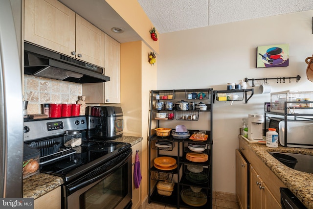 kitchen featuring stone counters, black dishwasher, stainless steel electric stove, light brown cabinetry, and under cabinet range hood