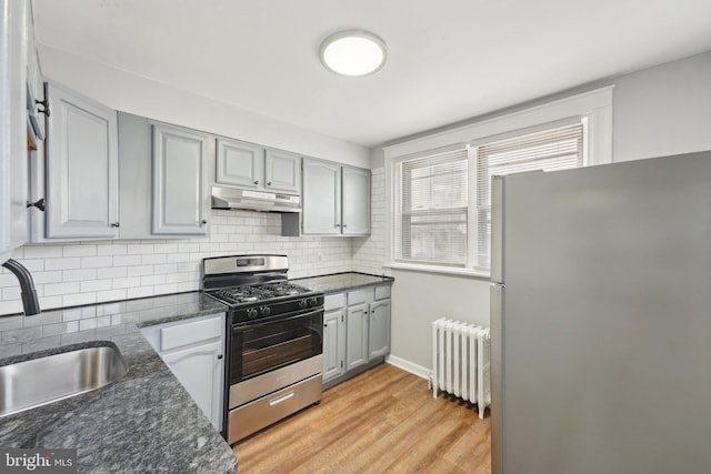 kitchen featuring appliances with stainless steel finishes, radiator, sink, backsplash, and light wood-type flooring