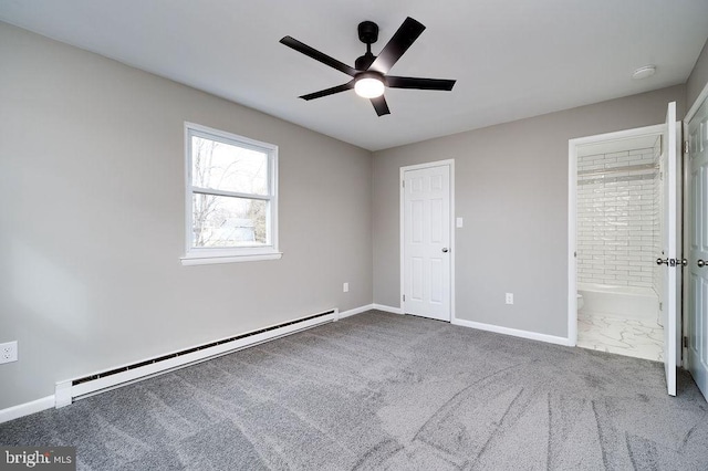 unfurnished bedroom featuring a baseboard radiator, carpet flooring, ceiling fan, and ensuite bath