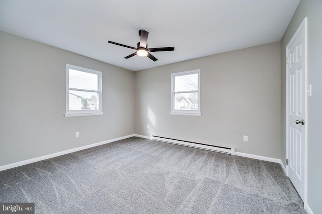 carpeted spare room featuring ceiling fan and baseboard heating