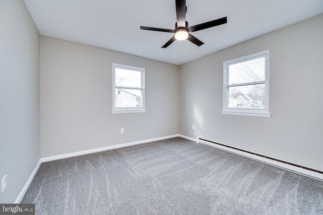 carpeted empty room featuring ceiling fan and baseboard heating