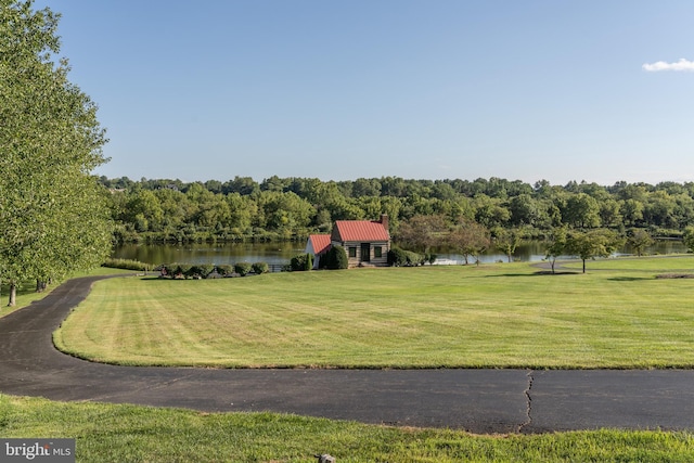 view of property's community featuring a water view and a yard