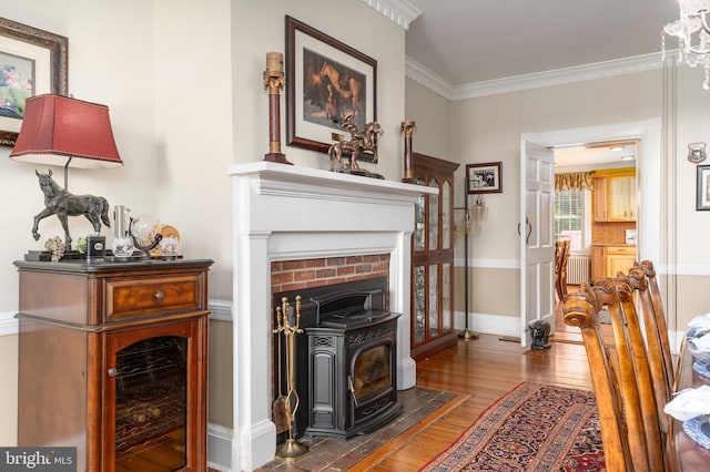 living room featuring crown molding, dark hardwood / wood-style flooring, radiator, and a wood stove