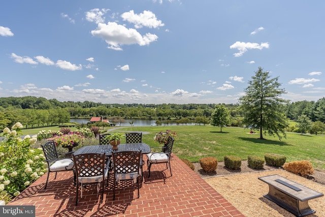 view of patio with a water view