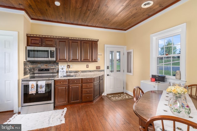 kitchen with stainless steel appliances, crown molding, dark hardwood / wood-style floors, and wooden ceiling