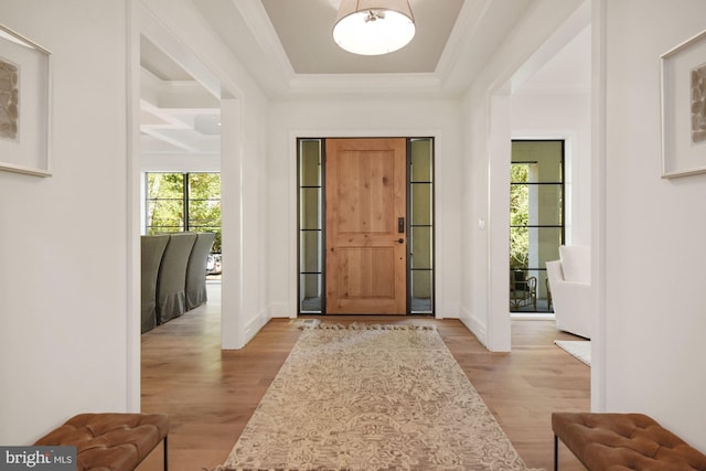 entryway featuring crown molding, a tray ceiling, and light hardwood / wood-style flooring