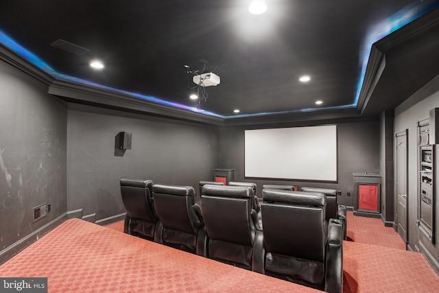 7024 Green Oak Dr, Mclean, VA 22101 - home theater room featuring a raised ceiling, carpet floors, baseboards, recessed lighting, and ornamental molding