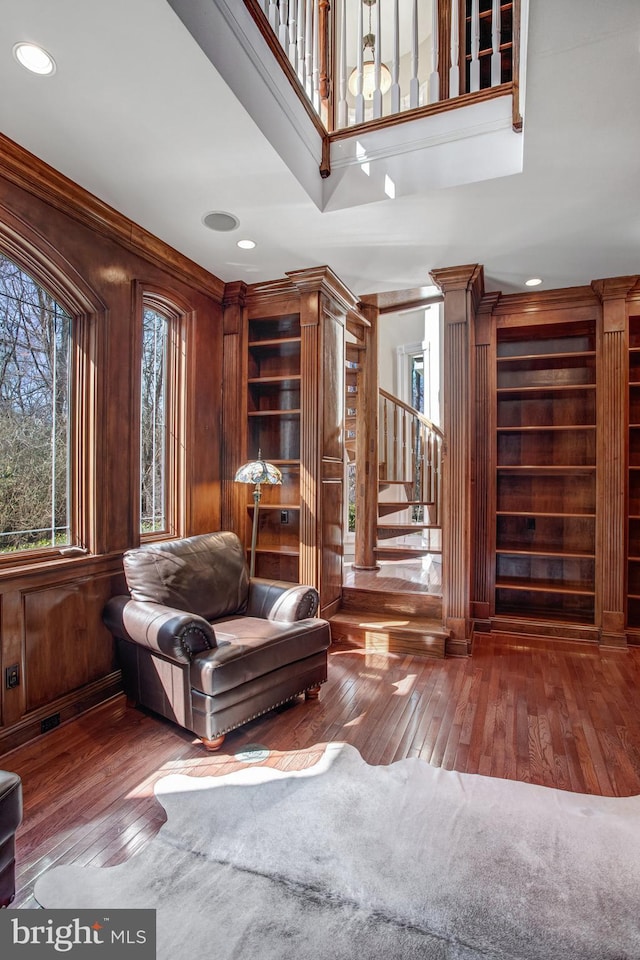 7024 Green Oak Dr, Mclean, VA 22101 - living area featuring hardwood / wood-style flooring, stairs, ornamental molding, and recessed lighting