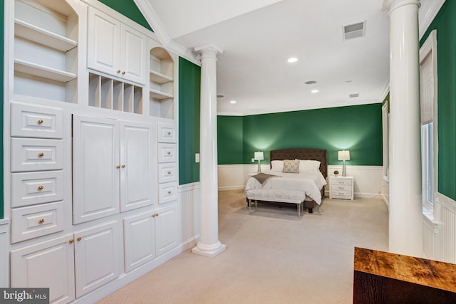 7024 Green Oak Dr, Mclean, VA 22101 - bedroom with decorative columns, wainscoting, carpet floors, crown molding, and recessed lighting