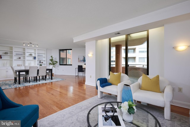 living room with hardwood / wood-style flooring, track lighting, plenty of natural light, and a textured ceiling