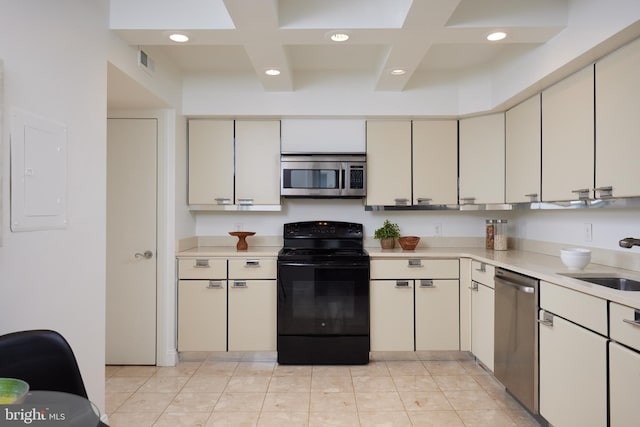 kitchen with coffered ceiling, sink, electric panel, and appliances with stainless steel finishes