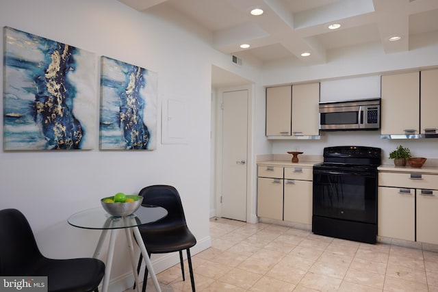 kitchen featuring coffered ceiling, light tile patterned floors, electric range, and beam ceiling