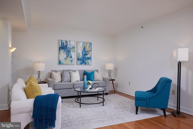 living room with crown molding and wood-type flooring