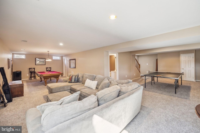 living area featuring baseboards, light colored carpet, pool table, stairs, and recessed lighting