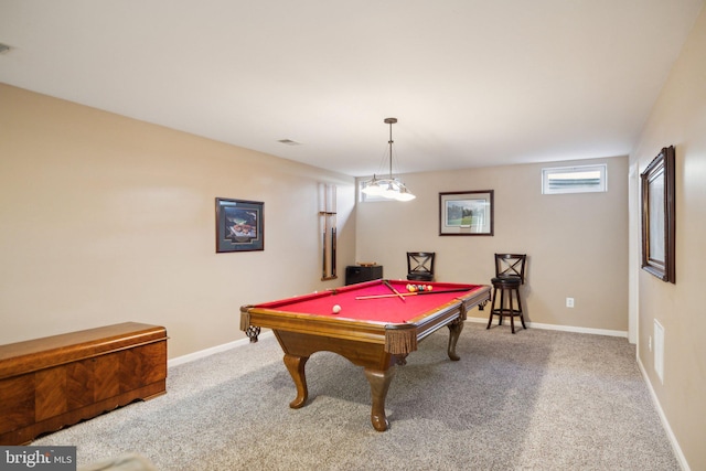 rec room featuring carpet, visible vents, and baseboards