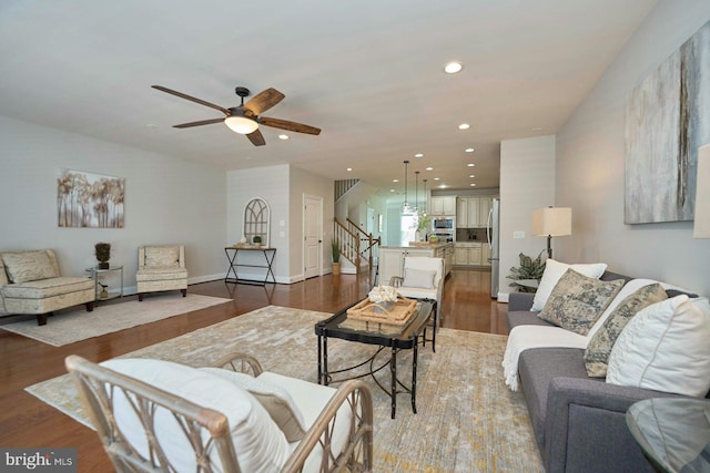 7916 Culloden Crest Ln, Gainesville, VA 20155 - living area with stairs, a ceiling fan, recessed lighting, and wood finished floors