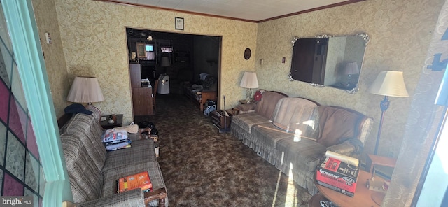 living room with crown molding and carpet