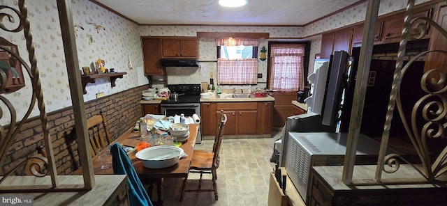 kitchen featuring crown molding, sink, stainless steel electric range, and a textured ceiling