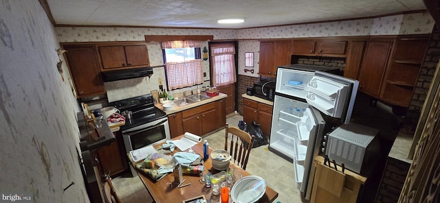 kitchen with crown molding, sink, and electric range