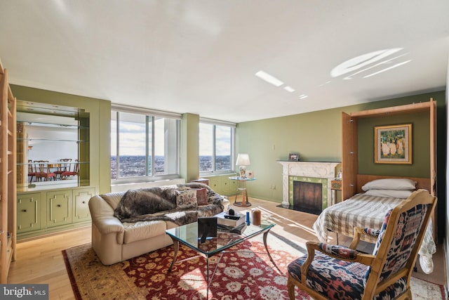 living room with a high end fireplace and light hardwood / wood-style flooring