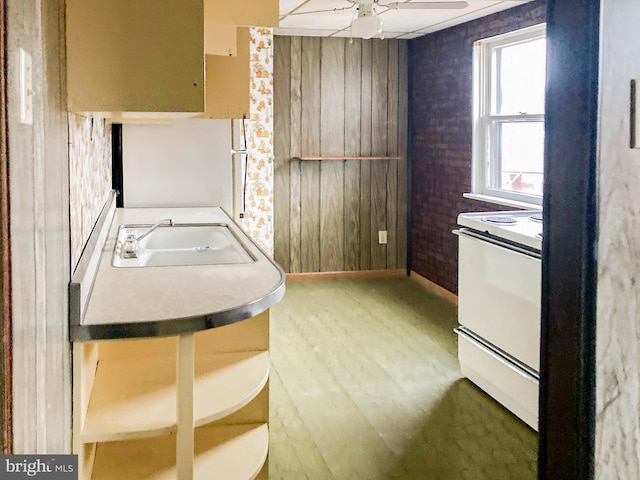 kitchen featuring wooden walls, sink, hardwood / wood-style flooring, ceiling fan, and white range with electric cooktop