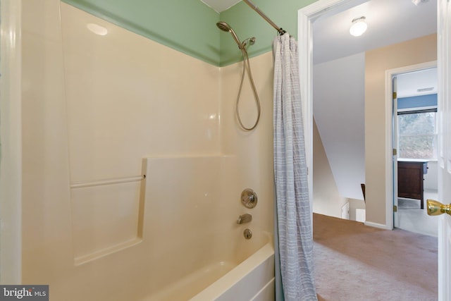 full bath with visible vents and shower / bath combination with curtain